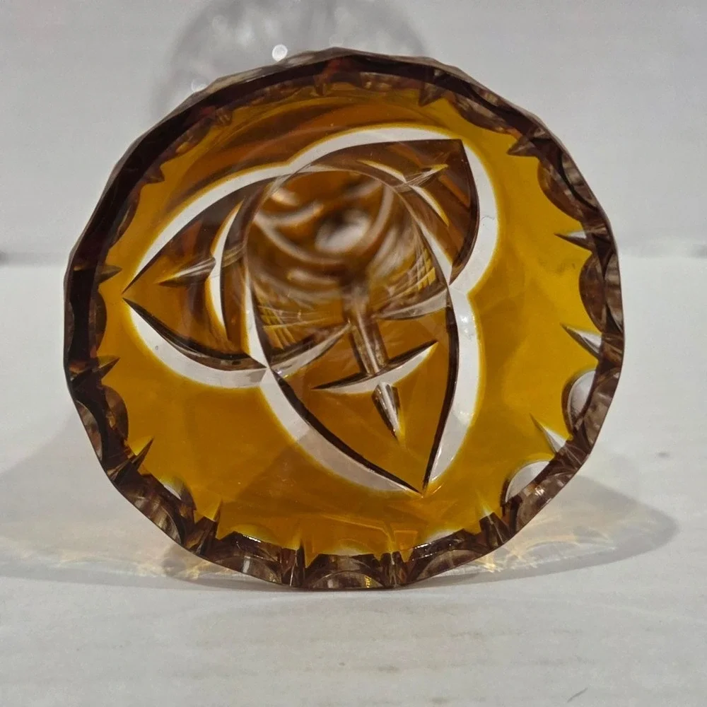 Vintage Amber Cut to Clear Crystal Bud Vase Starburst Pattern 8.25 Inch Tall